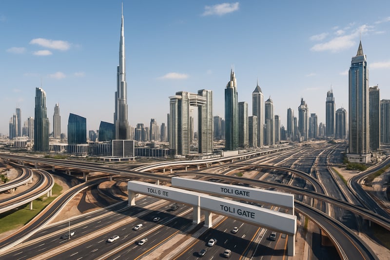 Dubai cityscape with modern highways and toll gates